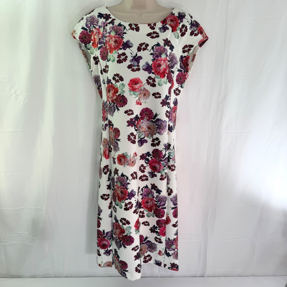 Beige by ECI Floral Sheath Dress White Burgundy Foil Cap Sleeve 518040/75575